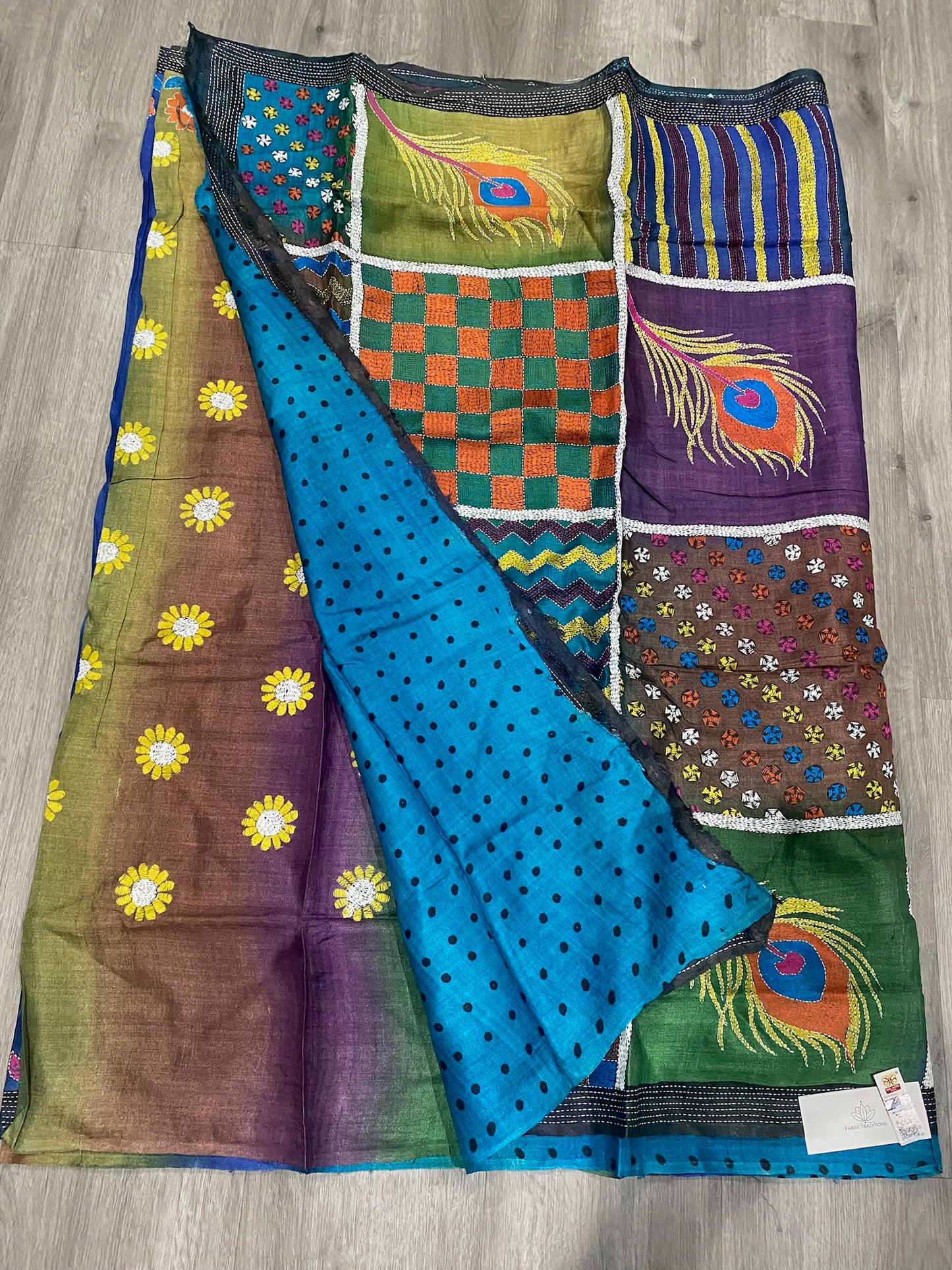 Exquisite Handwoven Tussar Pure Silk Kantha Stitch Saree |Multicolored