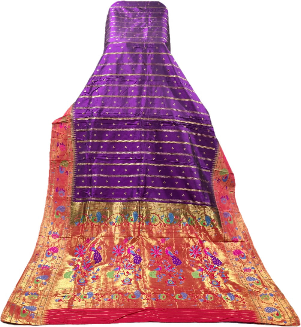 Stripes Purple color Peacock border and Pallu Yeola Paithani Pure Silk Saree|SILK MARK CERTIFIED
