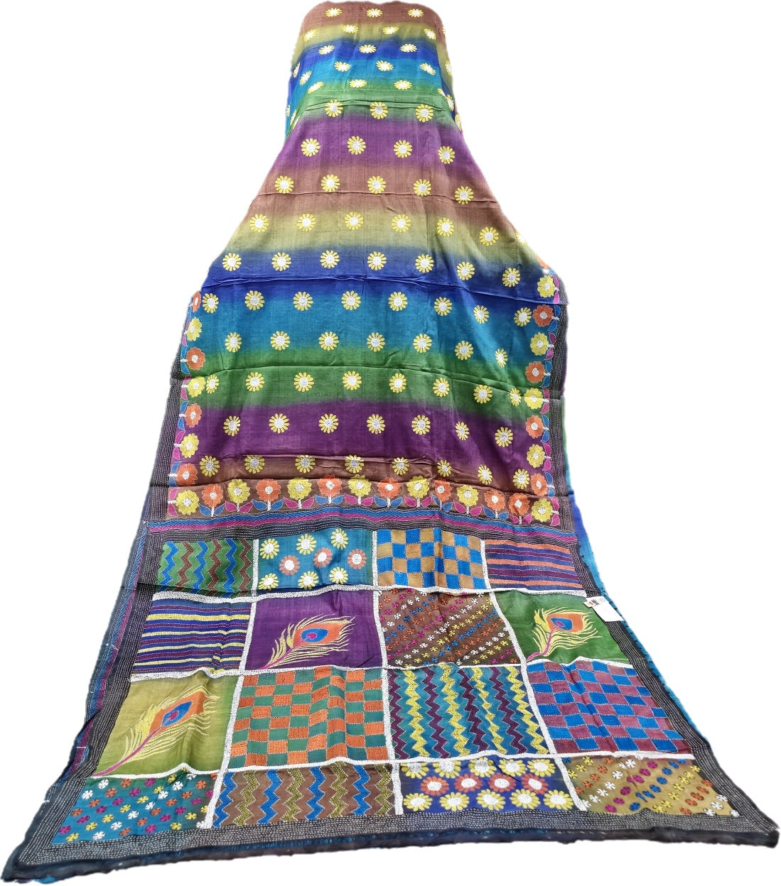 Exquisite Handwoven Tussar Pure Silk Kantha Stitch Saree |Multicolored